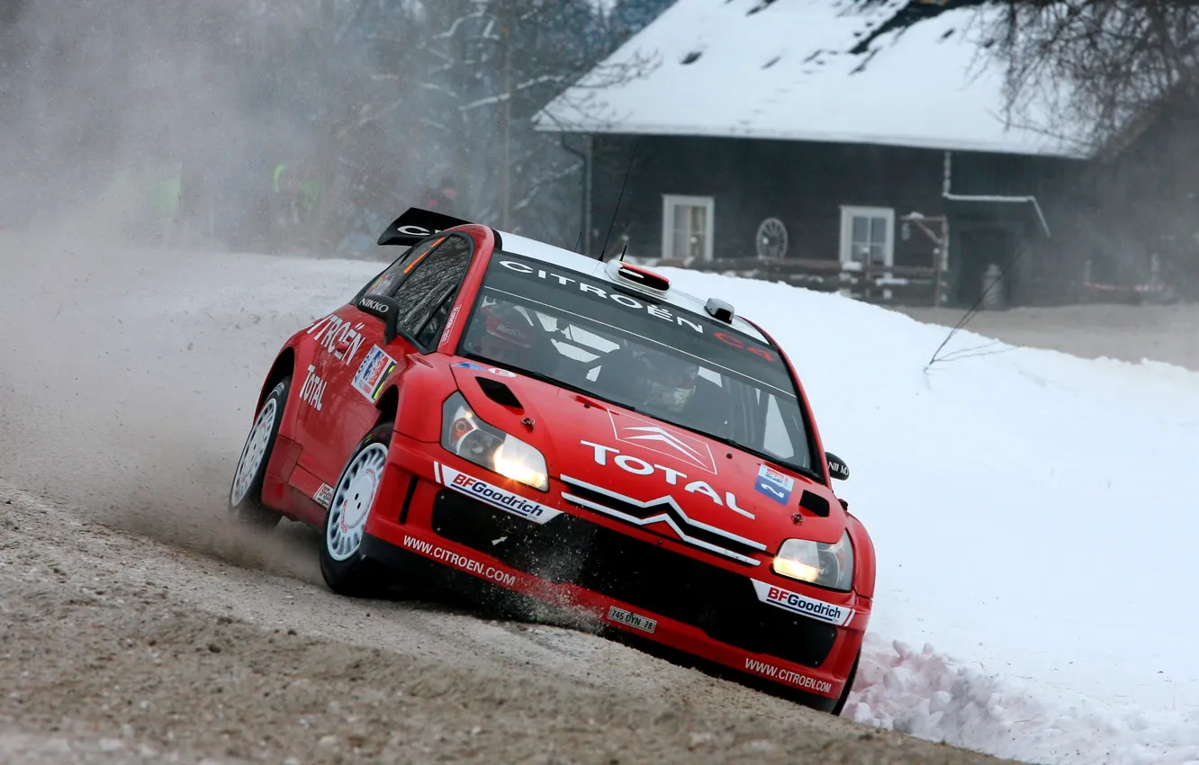 Photo wallpaper Winter, Snow, House, Citroen, Citroen, Lights, Rally, Dani Sordo