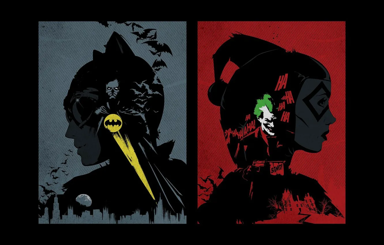 Photo wallpaper Batman, Joker, DC Comics, Catwoman, Harley Quinn