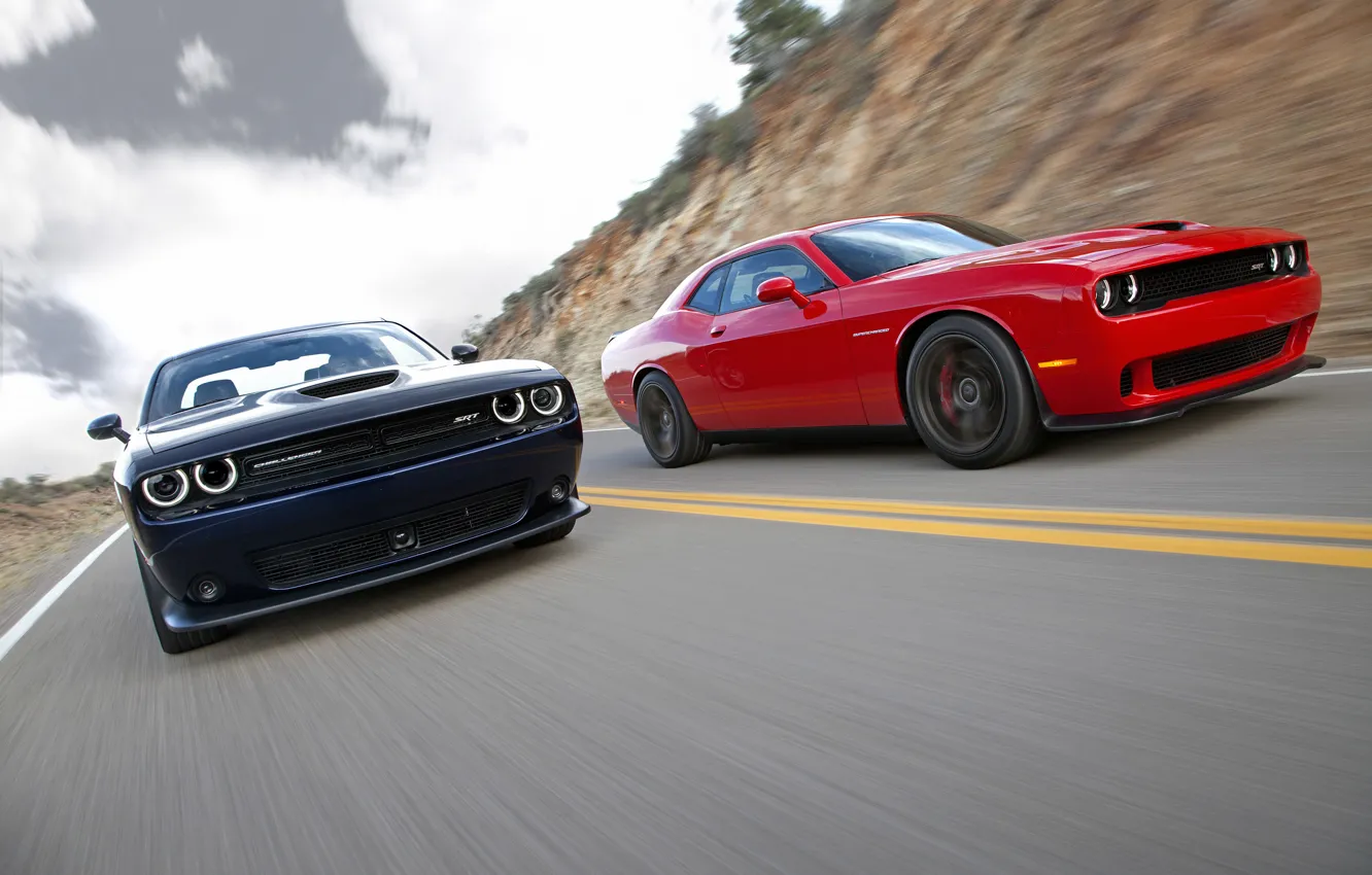 Photo wallpaper road, the sky, mountains, speed, optics, Dodge, Challenger, Duo