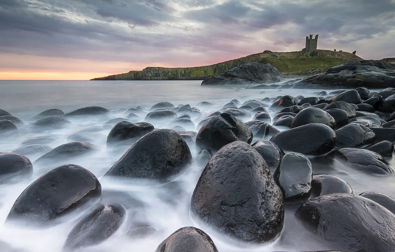Photo wallpaper the sky, water, stones, castle, shore, castle, Dunstanburgh