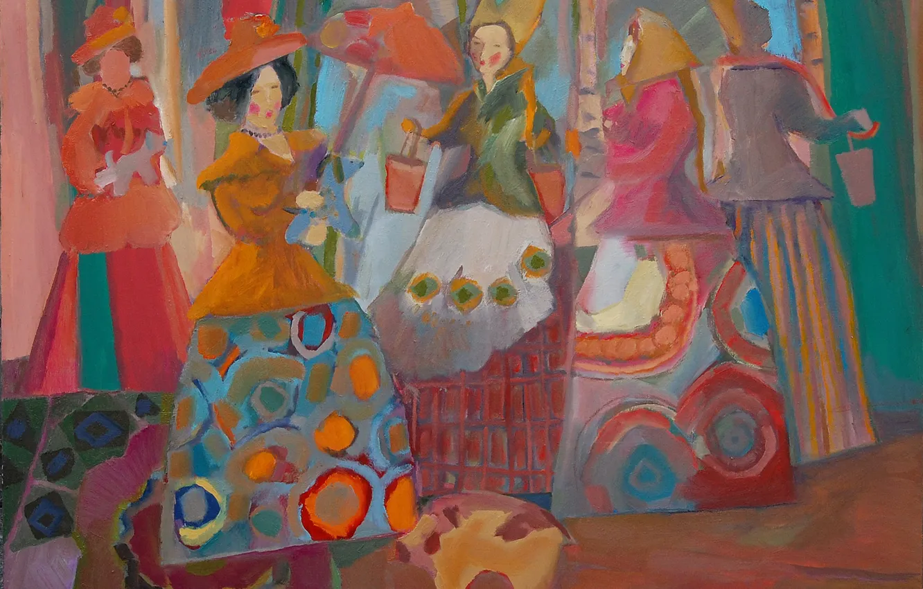 Photo wallpaper women, umbrella, lady, Svetlana Nesterova, toy piggy, Dymkovo conversations