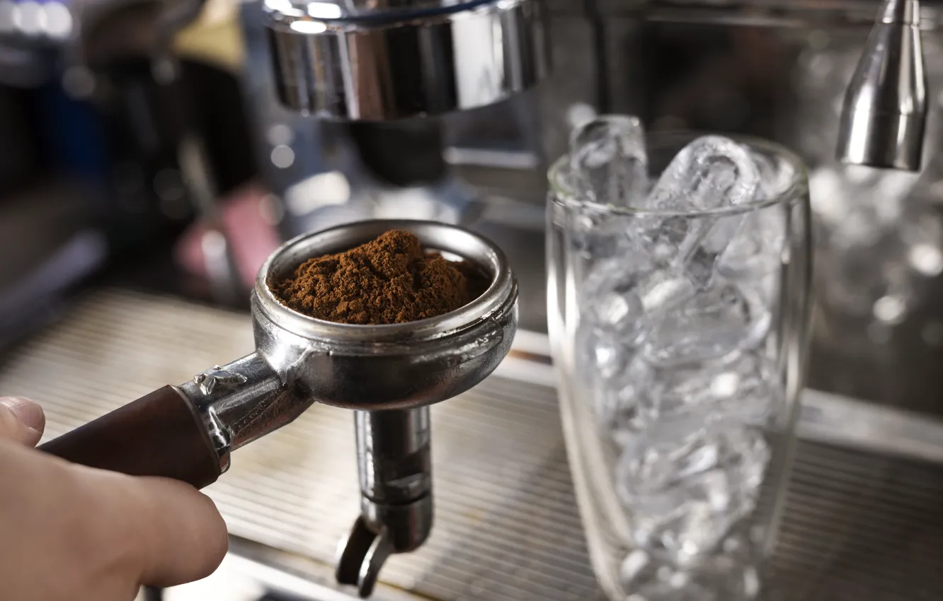 Photo wallpaper ice, metal, glass, coffee, hands, hammer, dishes, bokeh