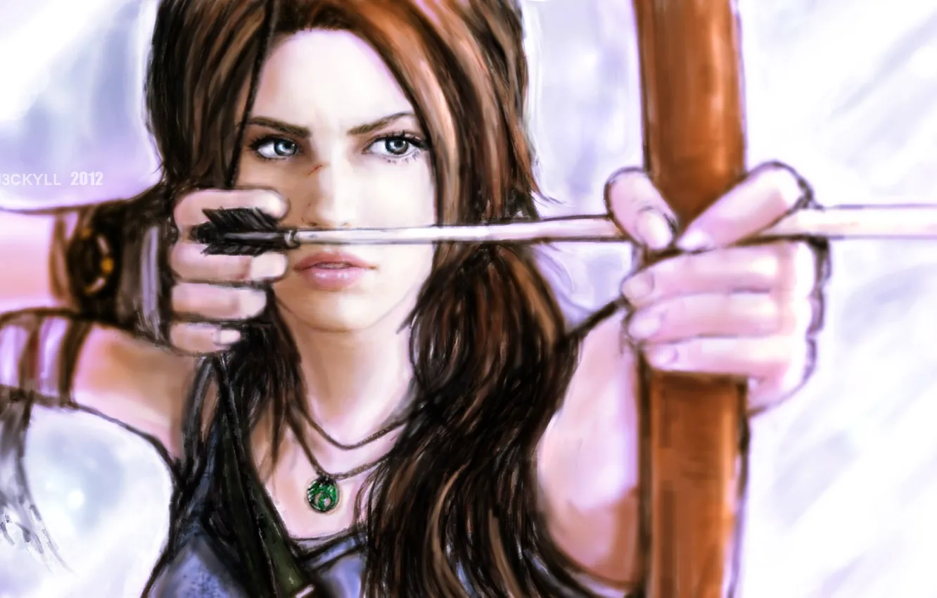 Photo wallpaper look, girl, face, weapons, hair, the game, figure, bow