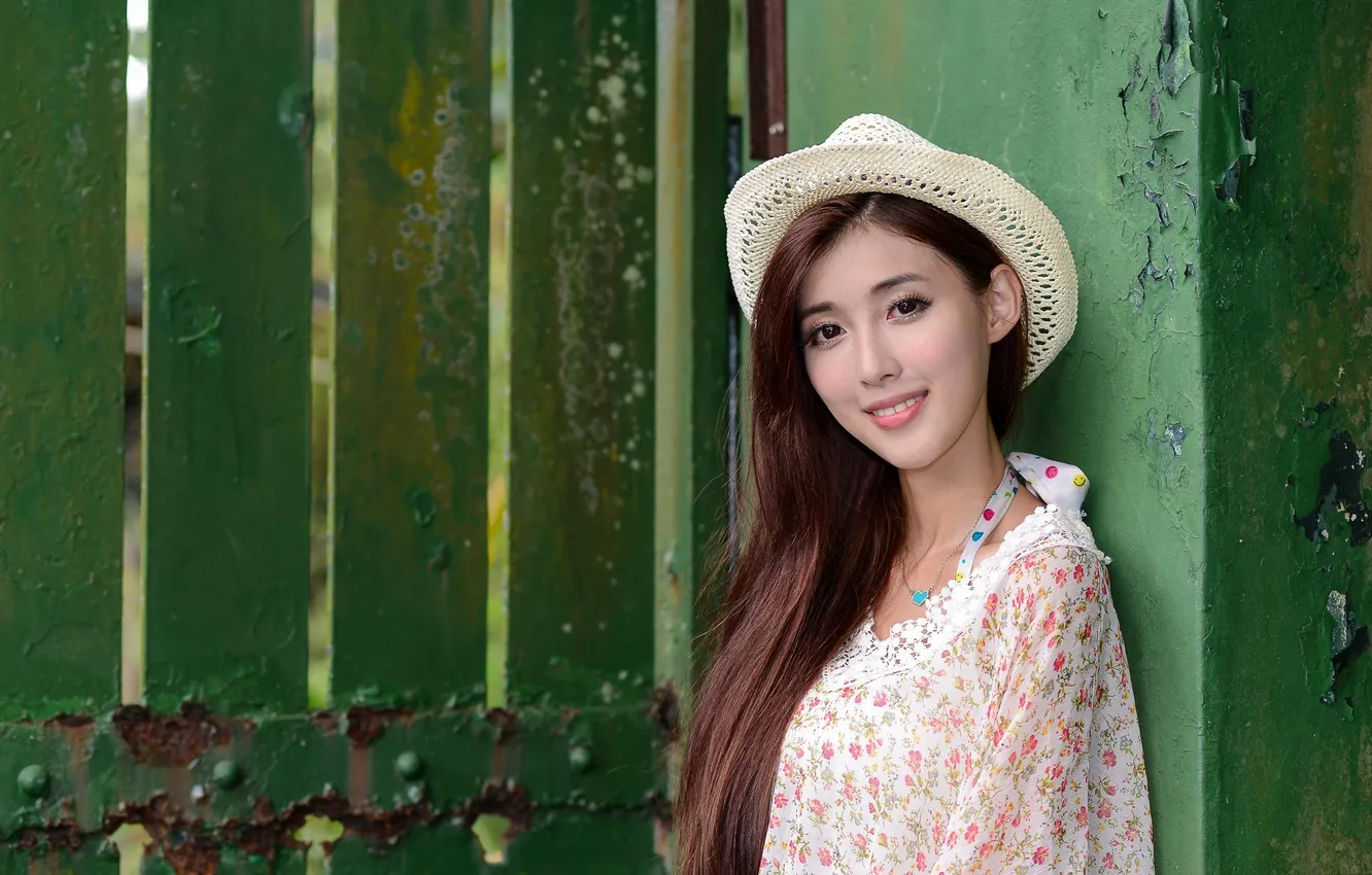 Photo wallpaper summer, girl, the city, smile, street, model, the fence, makeup