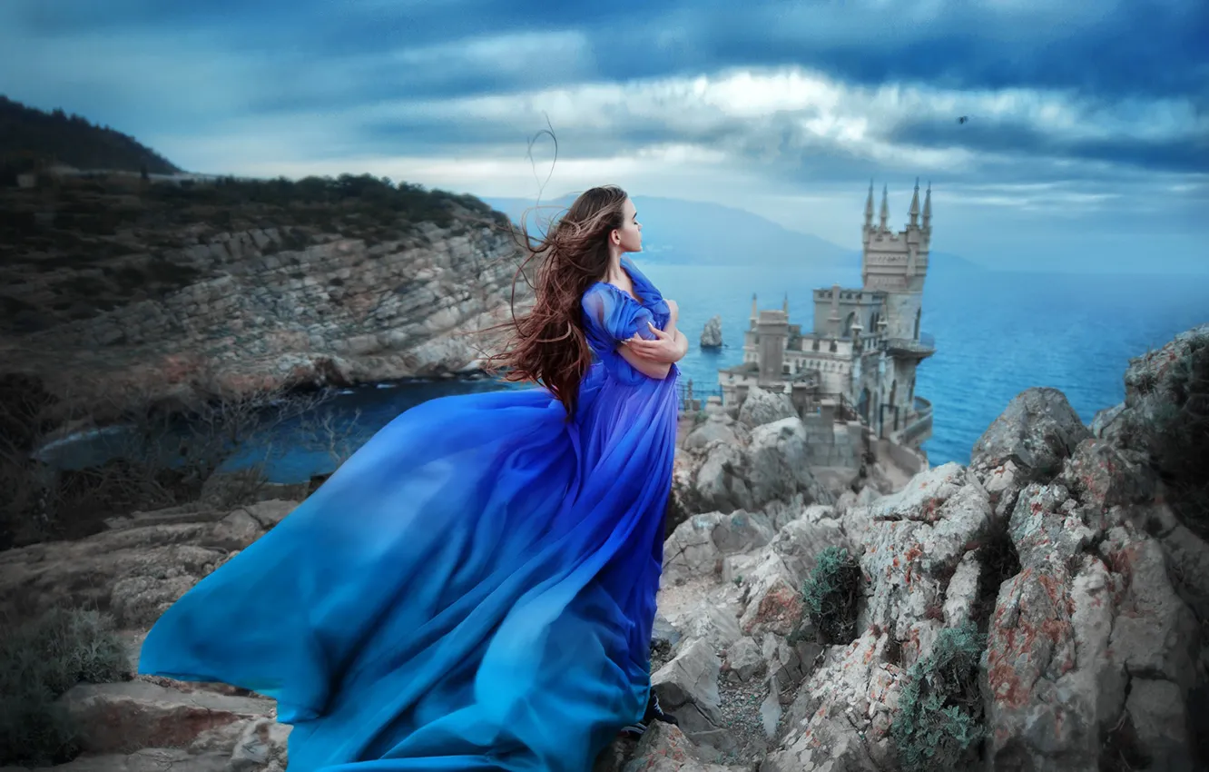 Photo wallpaper sea, girl, pose, rock, castle, mood, dress, Crimea