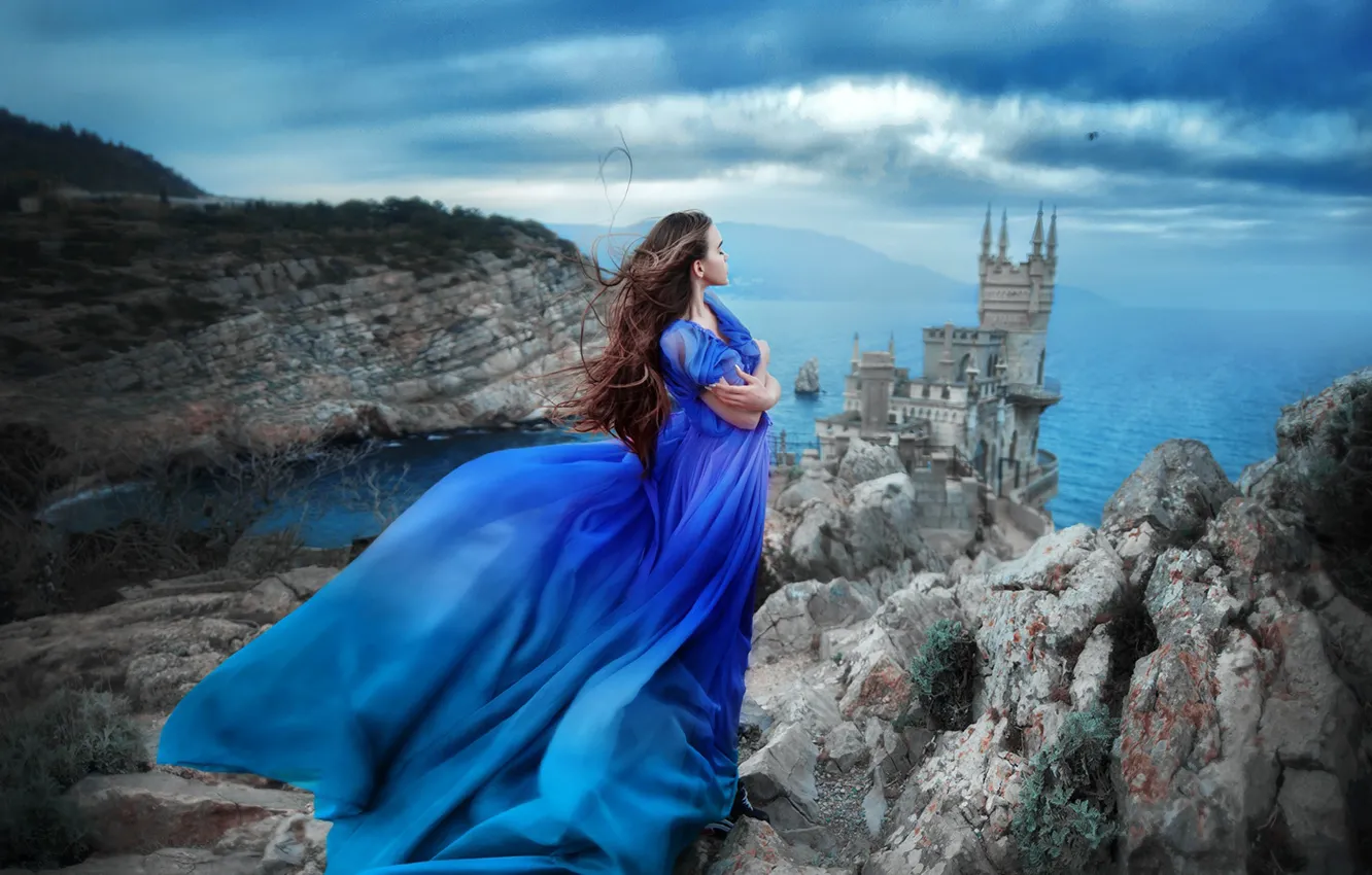Photo wallpaper sea, girl, pose, castle, mood, rocks, dress, Crimea