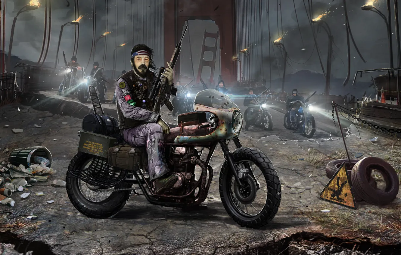 Photo wallpaper bridge, motorcycle, biker, bike, postapokalipsis