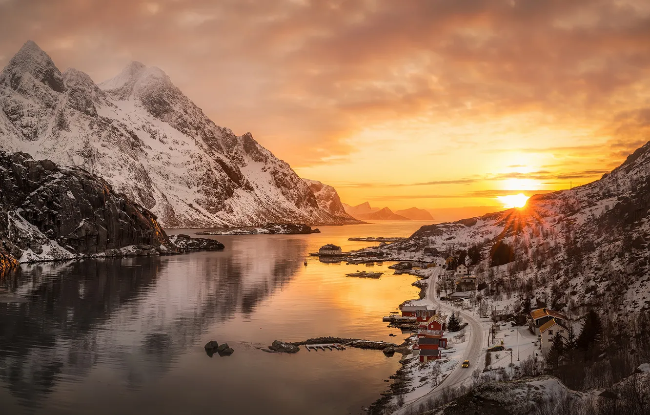 Photo wallpaper the sky, landscape, sunset, mountains, nature, river, Norway