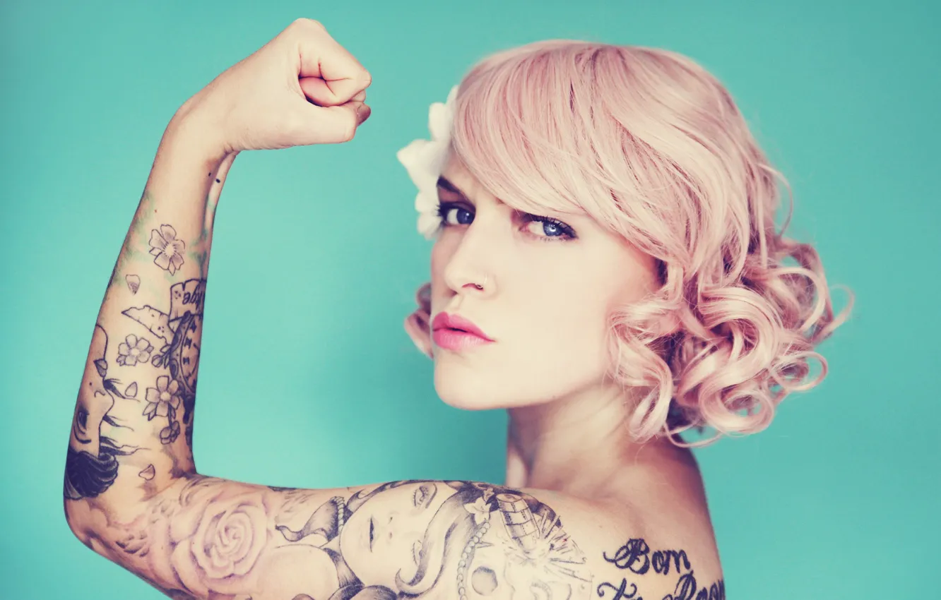 Photo wallpaper woman, lips, pin-up, tattoos, direct gaze, feminism