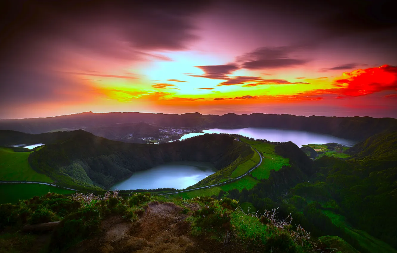 Photo wallpaper the sky, sunset, mountains, nature, panorama, lake, Portugal