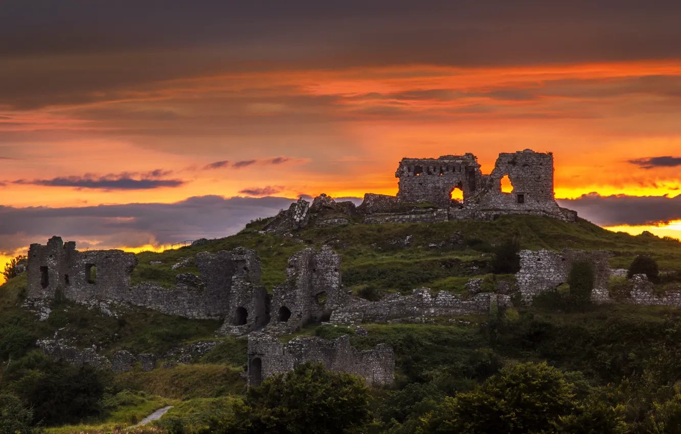 Photo wallpaper the sky, clouds, sunset, ruins, Ireland, architecture, Dunamaze Castle, Ron Giesbers