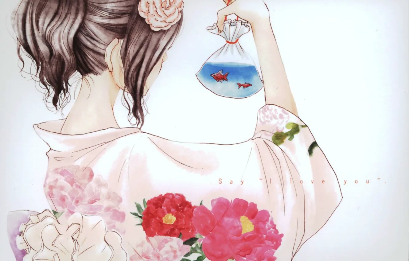 Photo wallpaper fish, package, yukata, flower in hair, Tachibana Mei, floral pattern, Say i love you, Say …