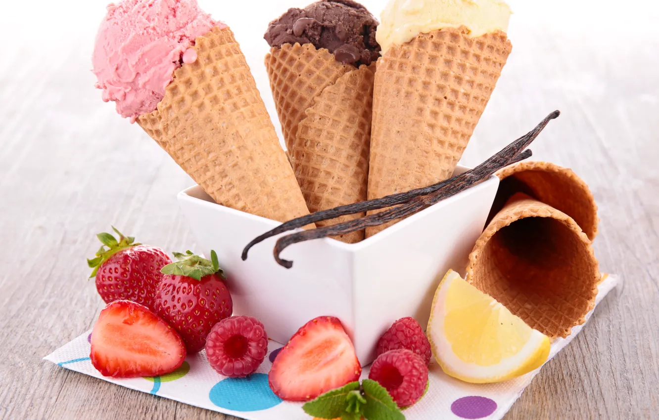 Photo wallpaper Strawberry, Sweets, Food, Raspberry, Ice cream