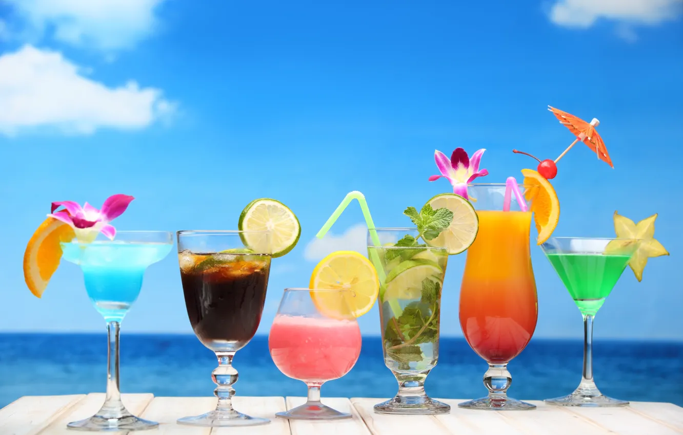 Photo wallpaper sea, beach, cocktail, summer, fruit, beach, fresh, sea
