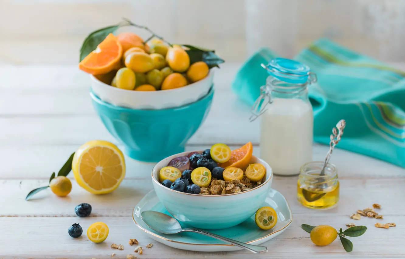 Photo wallpaper Breakfast, milk, honey, fruit, muesli, Karina Klachuk