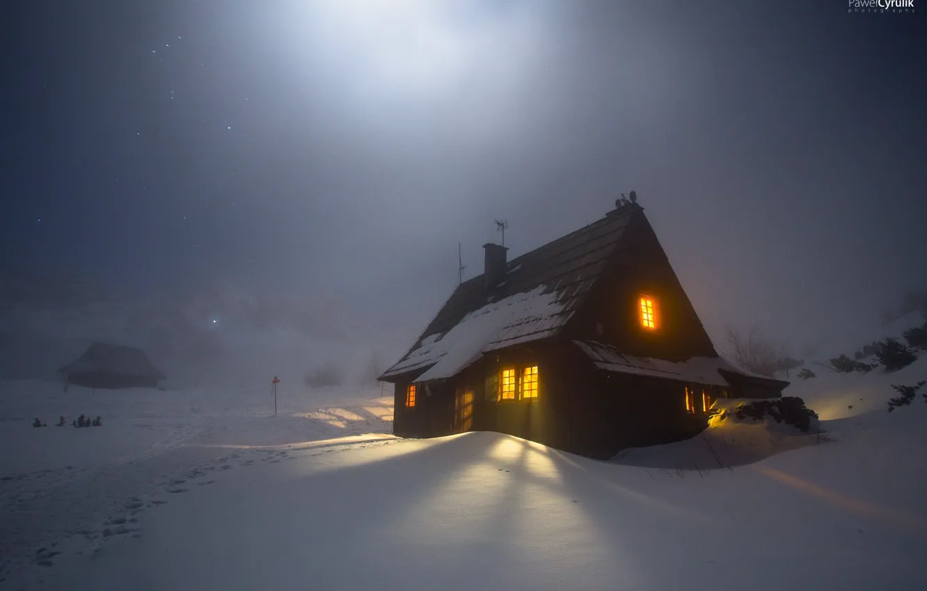 Photo wallpaper winter, light, snow, night, fog, home