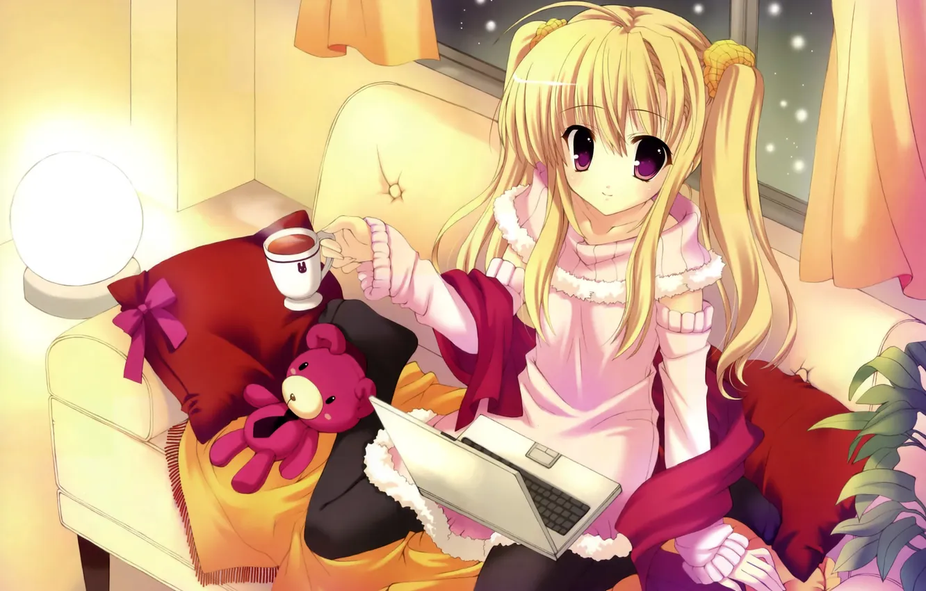 Photo wallpaper winter, look, girl, sofa, tea, window, laptop