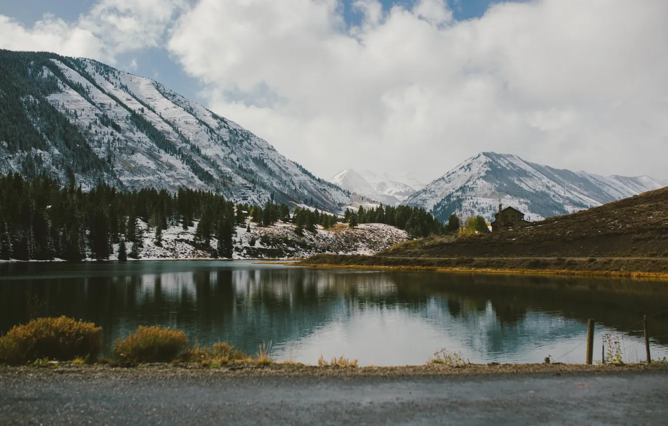 Photo wallpaper road, clouds, mountains, lake, reflection, mirror, cabin, housing