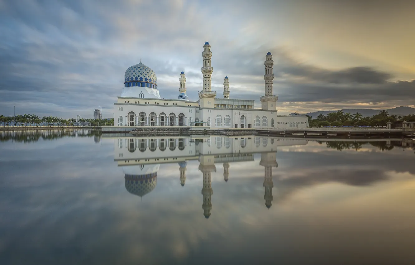 Photo wallpaper clouds, reflection, mirror, Mosque, Malaysia, Likas Bay, Sabah, Kota Kinabalu Mosque