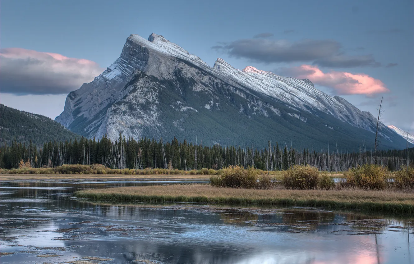 Photo wallpaper the sky, clouds, trees, mountains, river