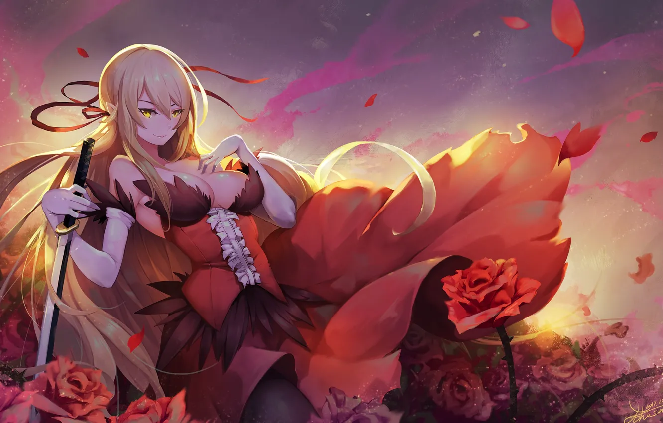 Photo wallpaper look, girl, roses, art, bakemonogatari