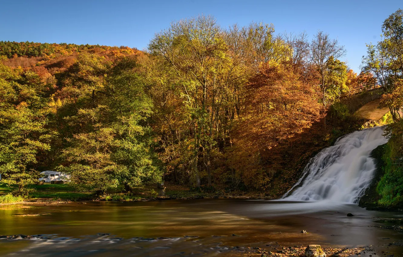 Photo wallpaper autumn, trees, waterfall, Belgium