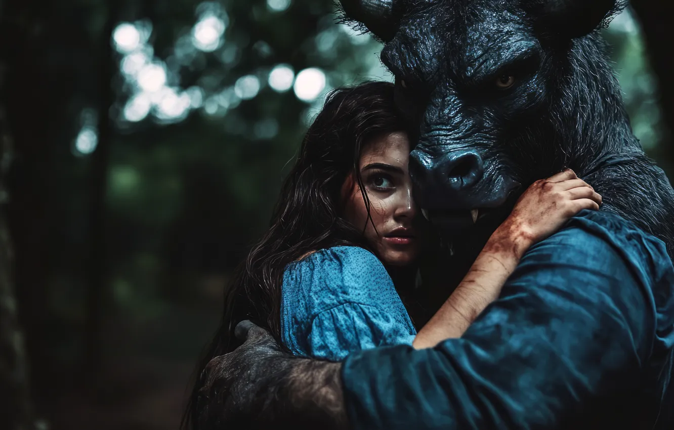 Photo wallpaper look, girl, horns, monster, two, the Minotaur, hug, digital art