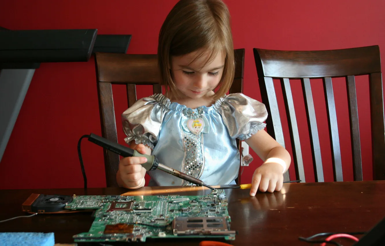Photo wallpaper table, fee, girl, works, soldering iron, Soldering