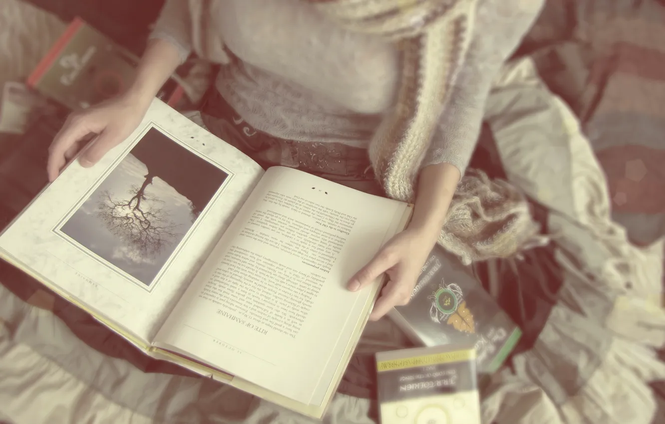 Photo wallpaper girl, mood, book, reading, soft lovers and hard covers