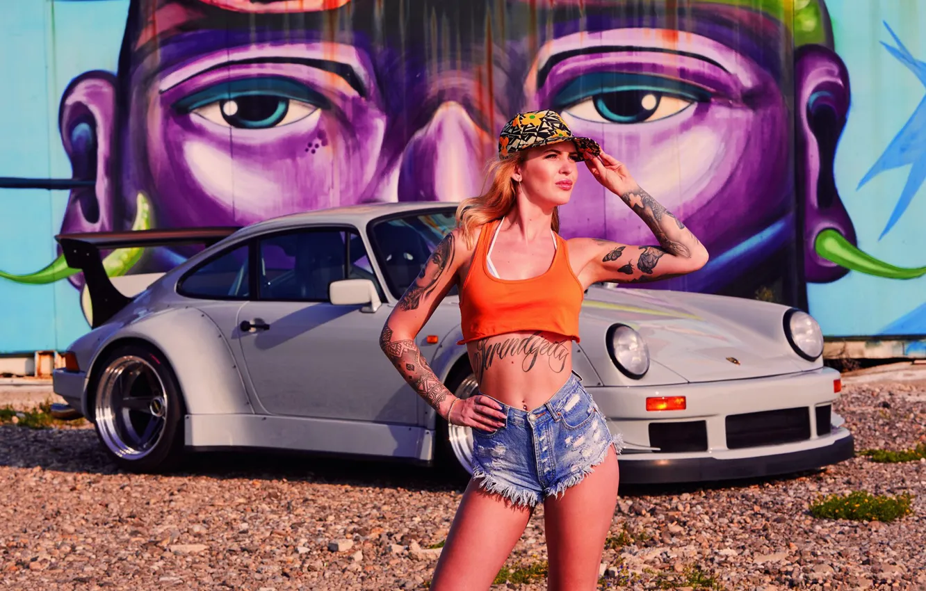 Photo wallpaper auto, look, graffiti, Girls, Porsche, beautiful girl, posing on the background of the machine, Vanessa …