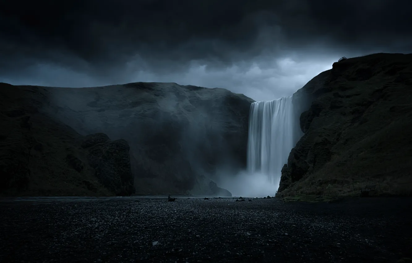 Photo wallpaper the sky, night, clouds, fog, rocks, shore, waterfall, pair