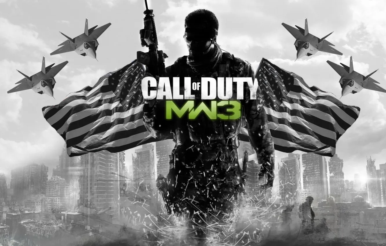 Photo wallpaper weapons, background, fighters, flags, call of duty - modern warfare 3