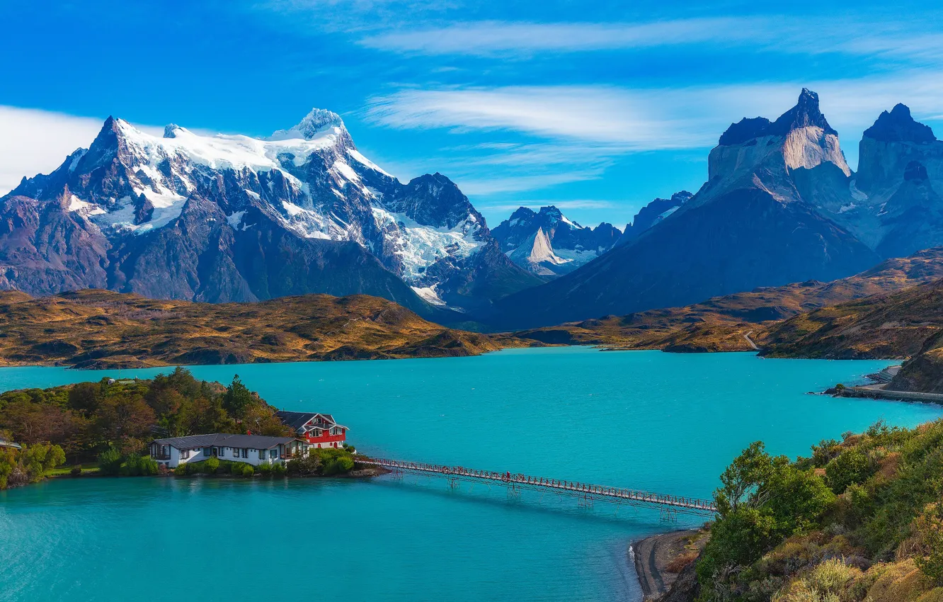 Photo wallpaper mountains, lake, the bridge, Chile, Magallanes