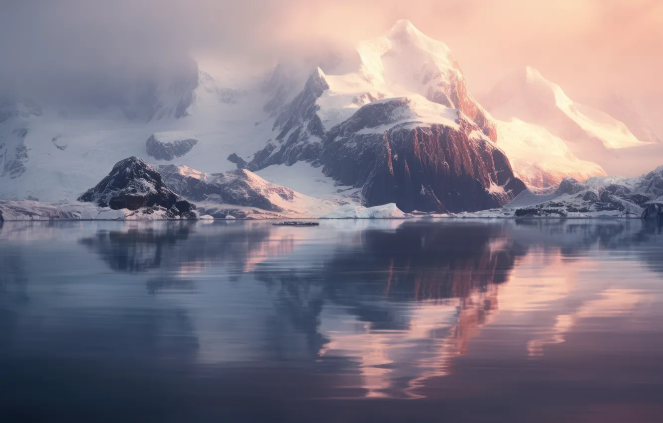 Photo wallpaper winter, snow, landscape, mountains, nature, fog, lake, reflection