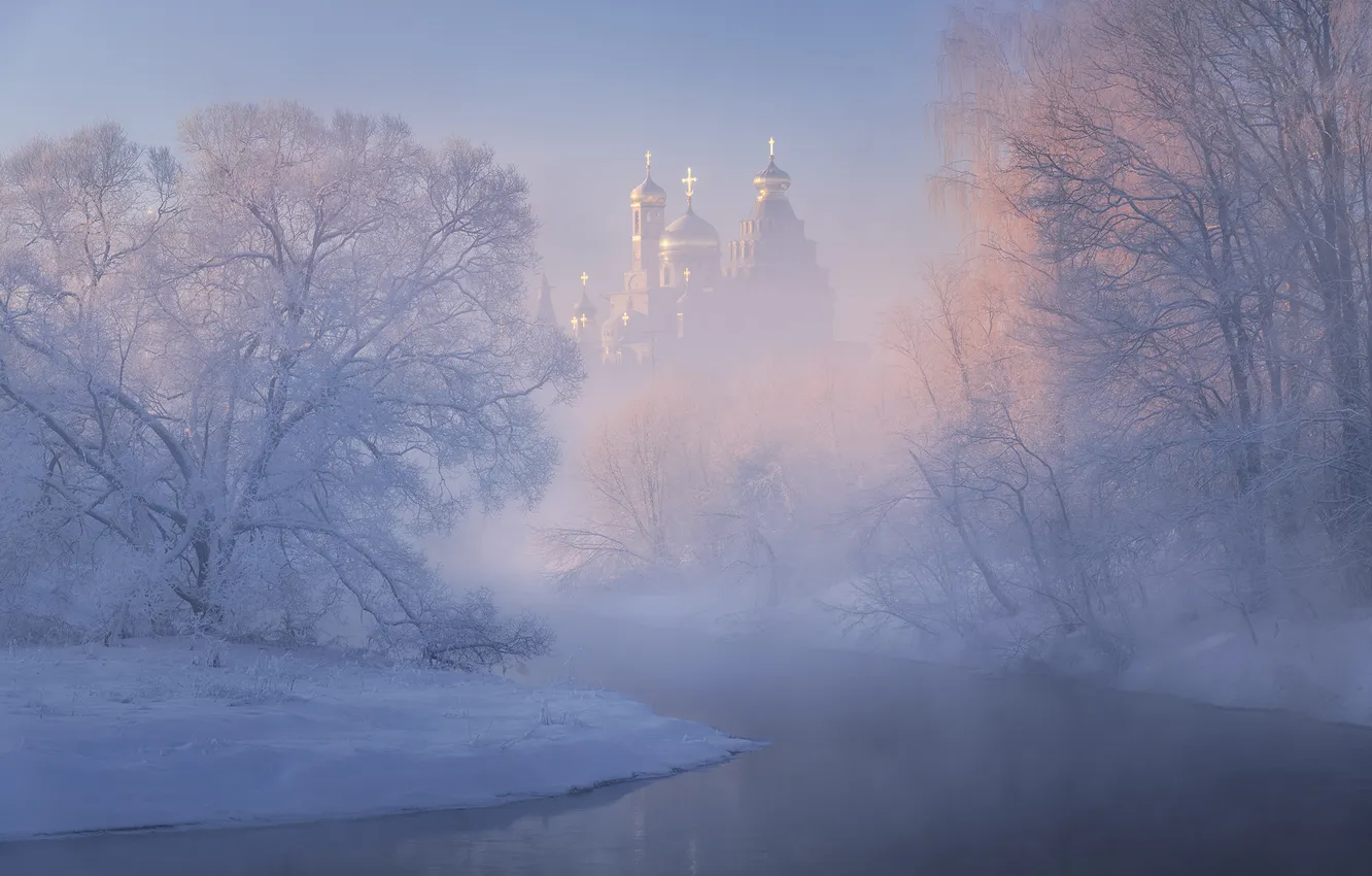 Photo wallpaper winter, frost, trees, fog, cross, Church, haze, the dome