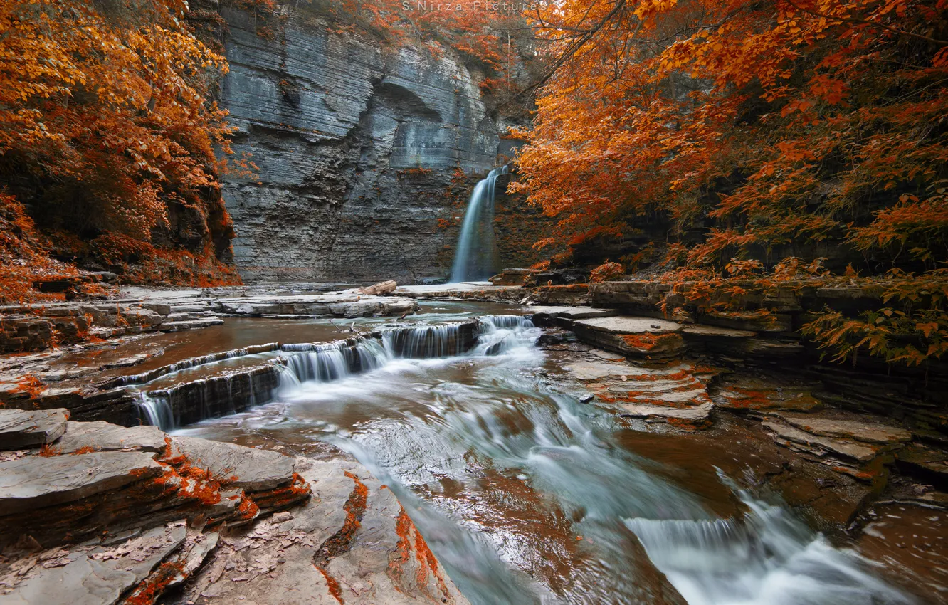 Photo wallpaper autumn, forest, trees, rock, river, waterfall