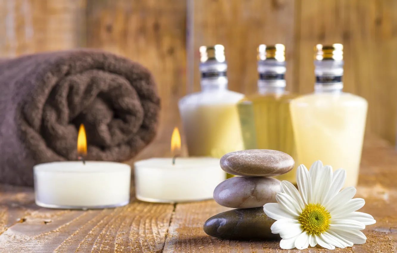 Photo wallpaper flower, stones, Board, towel, candles, Daisy, Spa, bottle