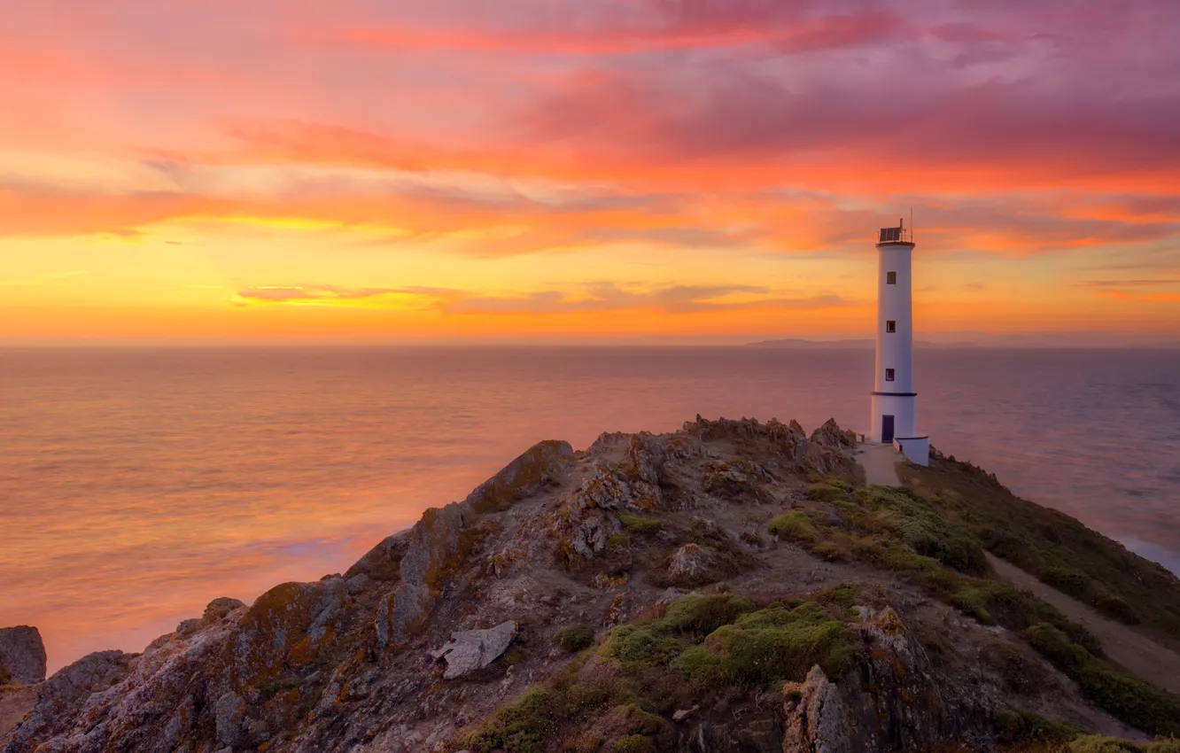 Photo wallpaper clouds, river, lighthouse, horizon, Spain, Spain, lighthouse, Galicia
