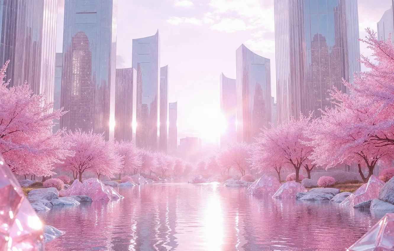 Photo wallpaper the sky, the sun, clouds, trees, flowers, the city, fog, dawn