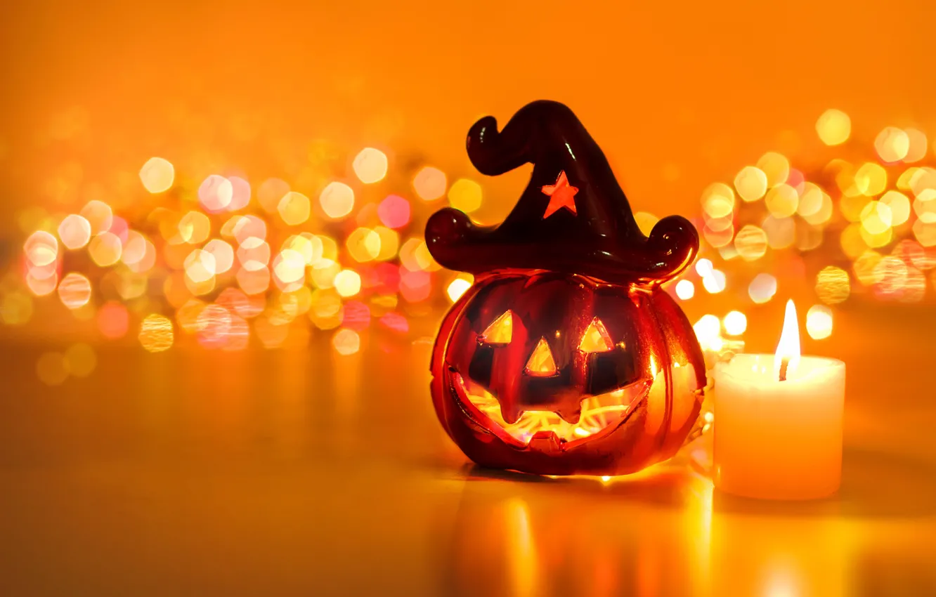 Photo wallpaper candle, pumpkin, cap, bokeh