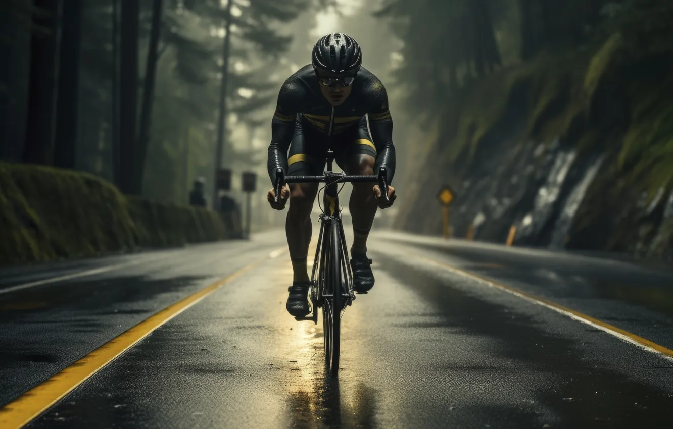 Photo wallpaper road, trees, bike, athlete, male, front, Cycling, digital art