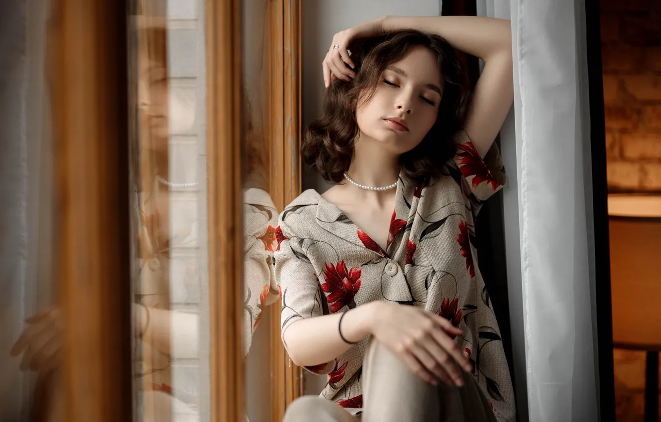 Photo wallpaper girl, pose, mood, hands, window, closed eyes, Vladimir Vasiliev, Alina Agashina