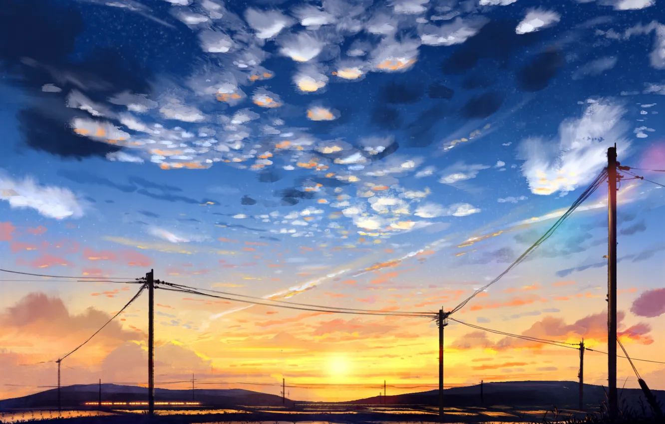 Photo wallpaper clouds, sunset, Japan, Art, sunset, clouds, rice fields