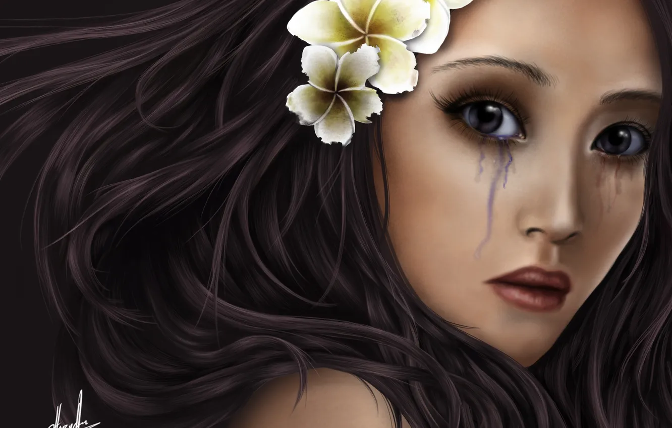 Photo wallpaper girl, flowers, face, art, ink