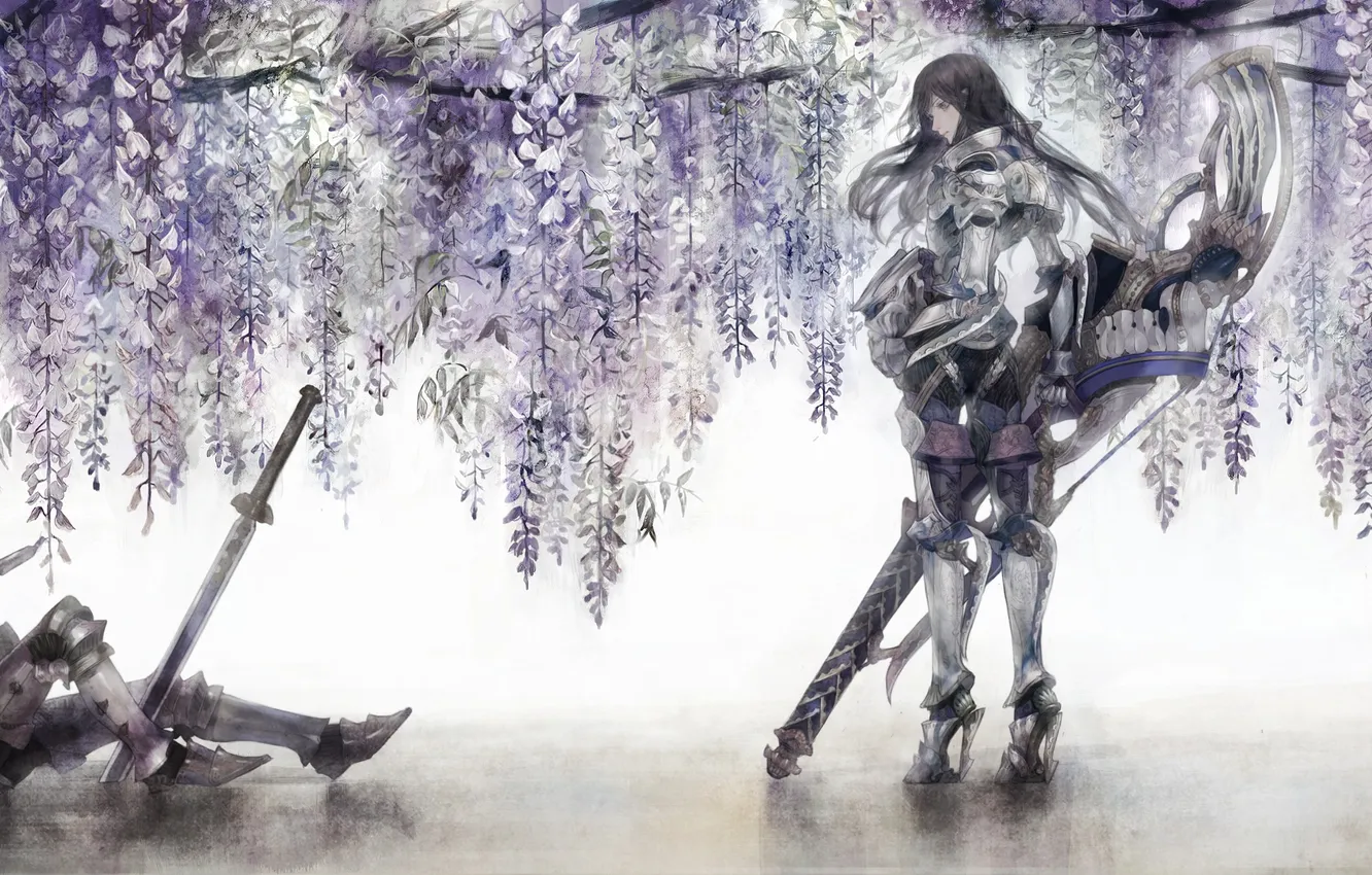 Photo wallpaper girl, trees, weapons, sword, armor, anime, warrior, art