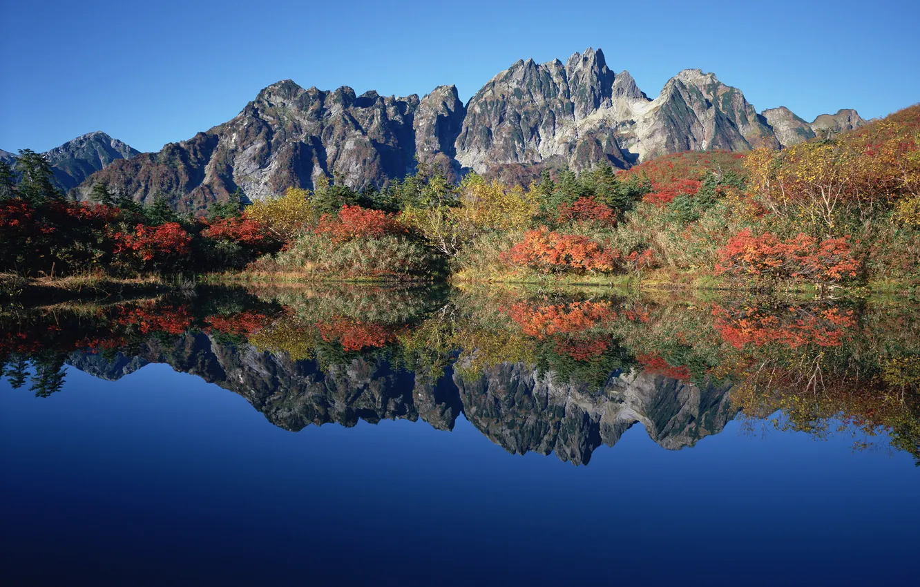 Photo wallpaper autumn, mountains, lake, reflection, the bushes