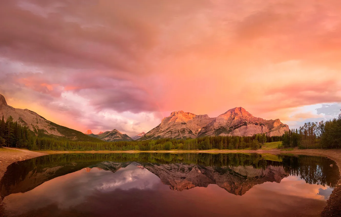 Photo wallpaper forest, the sky, light, mountains, lake, rainbow