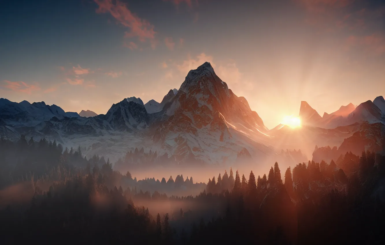 Photo wallpaper forest, the sky, the sun, clouds, rays, light, snow, landscape