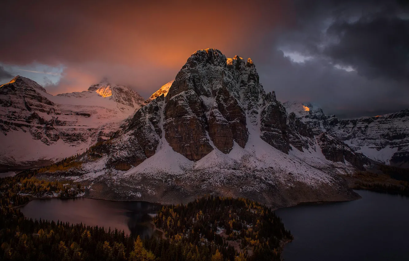 Photo wallpaper snow, mountains, shore, tops, the evening, pond