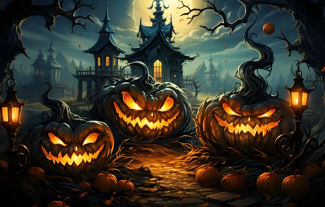 Photo wallpaper Clouds, Home, Road, Lights, Night, Trees, The moon, Pumpkin